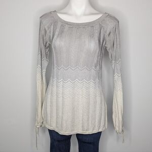 WHBM White Grey Shimmer Chevron Long Sleeve Knit Sweater S